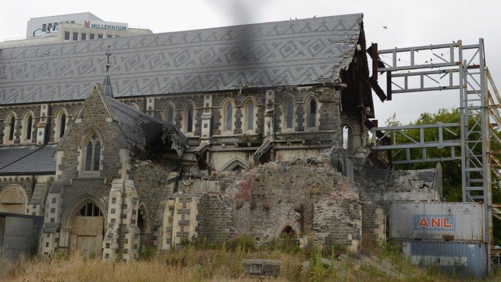 Christchurch Cathedral is seen still damaged on 21 February 2016