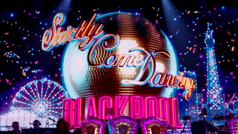 The Strictly glitterball with Blackpool in pink neon underneath