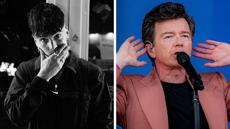 Composite image with Ren Gill in black and white dressed in black on left and Rick Astley in pink suit jacket and black tshirt singing at Glastonbury 2023