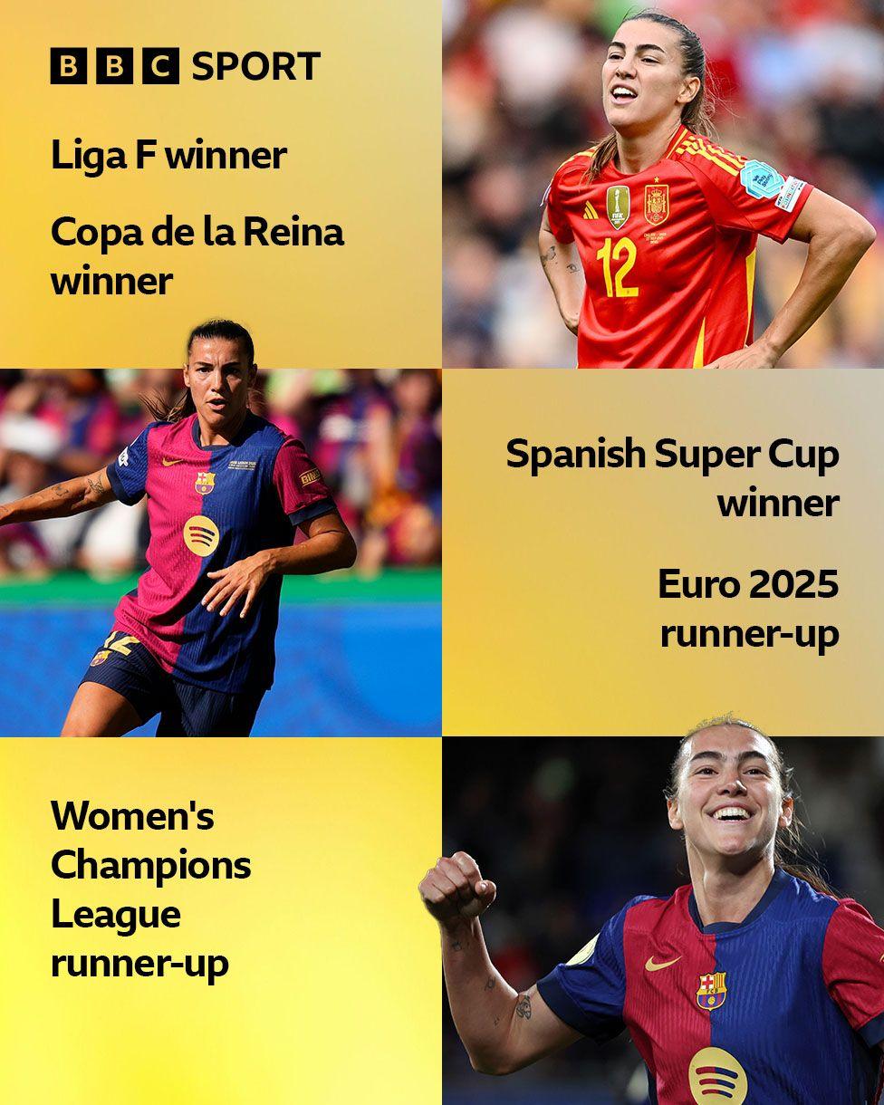 A graphic with three pictures of Patri Guijarro and a list of her achievements last season: Liga F winner, Copa de la Reina winner, Spanish Super Cup winner, Euro 2025 runner-up, Women's Champions League runner-up
