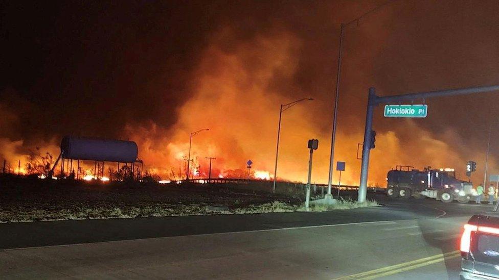 A wildfire burns on the island of Maui in Lahaina