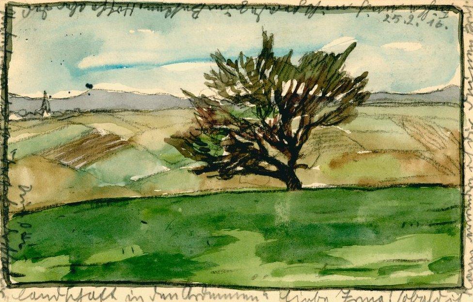 Painted postcard of a tree in a rural landscape