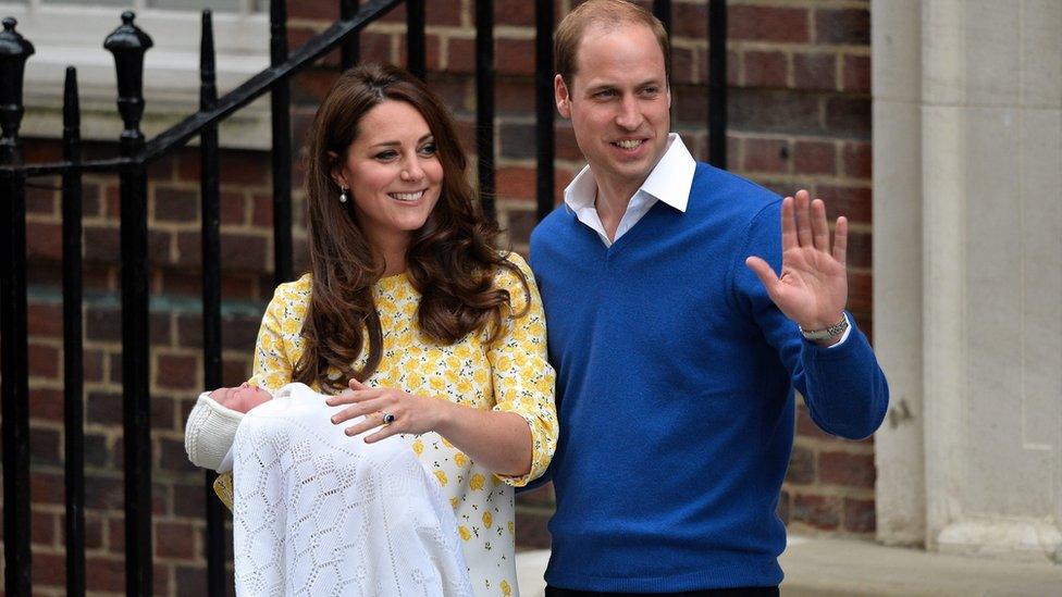 Prince William, Duke of Cambridge, and his wife Catherine, Duchess of Cambridge pose with their newborn daughter outside the Lindo Wing at St. Mary's Hospital in Paddington in 2015