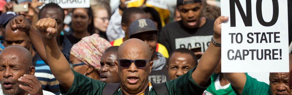 Demonstrators take part in a protest calling for the removal of South Africa"s President Jacob Zuma, in Pretoria, South Africa April 7, 2017