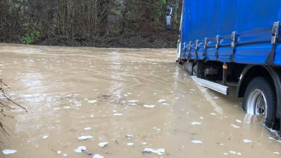 Lorry in floodwater