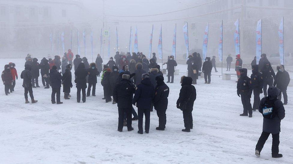 Protesters gather in Ordzhonikidze Square in the city of Yakutsk. 31 Jan 2021