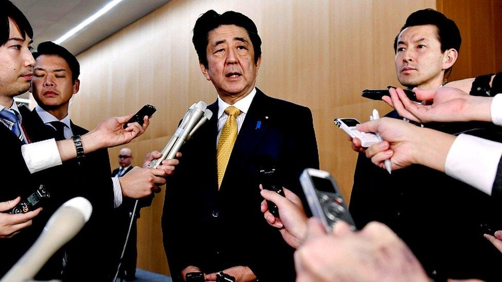 Japanese Prime Minister Shinzo Abe talks to reporters about GSOMIA pact with South Korea in Tokyo, Japan on November 22, 2019