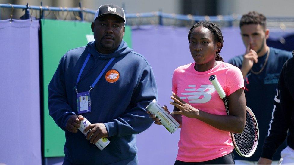 Coco Gauff on the practice court during day two of the Viking International at Devonshire Park, Eastbourne.