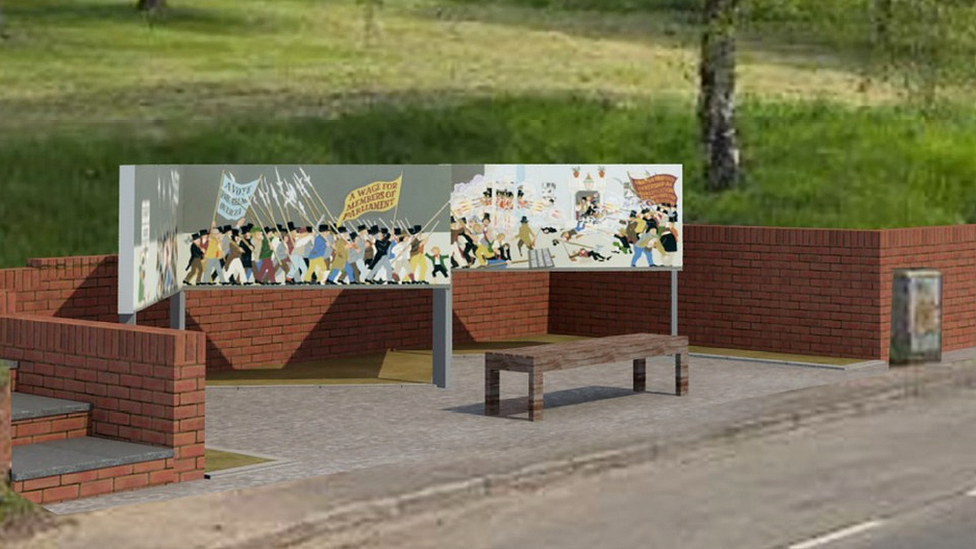 Artist impression of Chartist mural and commemorative bench in Rogerstone