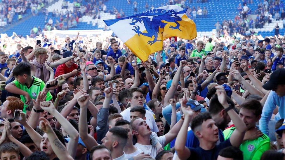 Cardiff fans celebrate on the pitch at the end of the match