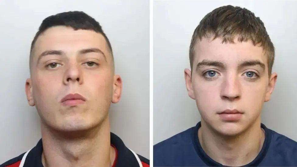 Mugshots of Phillip Adams and Patrick James. Both men are pictured against a plain, light background. They have blank expressions and are looking directly at the camera. 