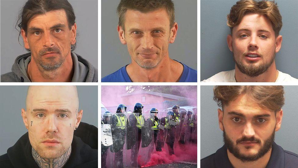 A composite image of five custody shots and an image of a police line at a protest with red smoke around them