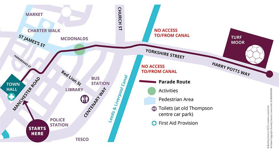 A map of the parade route in Burnley, which will start at the town hall before heading down Yorkshire Street, over the canal, and down Turf Moor.
