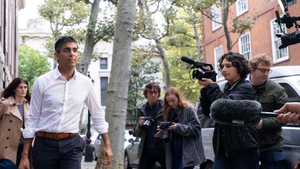 Rishi Sunak leaves his campaign office in London, as he has formally entered the Tory leadership contest following the resignation of Liz Truss as Prime Minister.