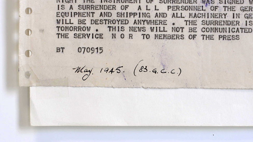 Part of a message received by Mr Morgan ahead of the end of the war. Typed, apart from the date (May 1945), which is hand-written. Although no full sentences are clear, the message refers to keeping the contents secure, including from members of the press