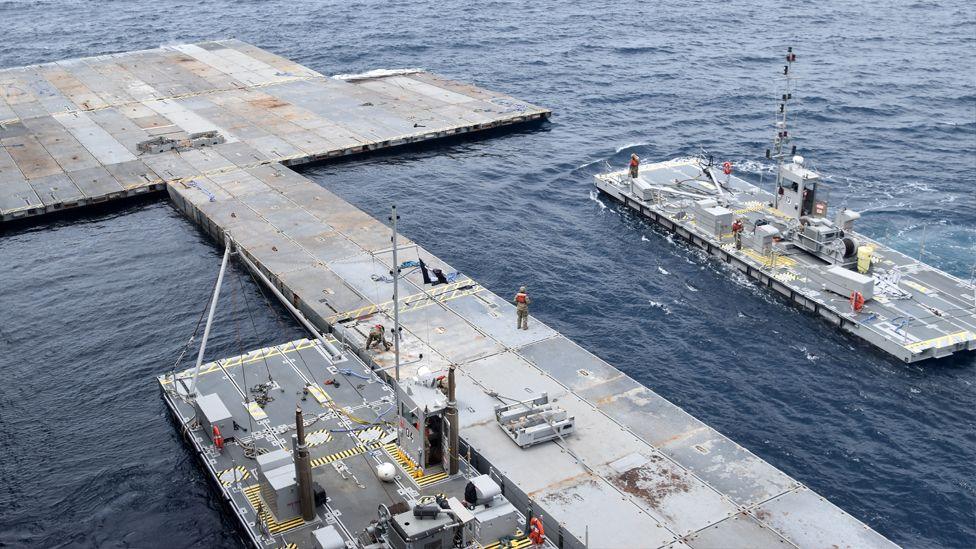 An overhead shot of the Gaza pier under constructions