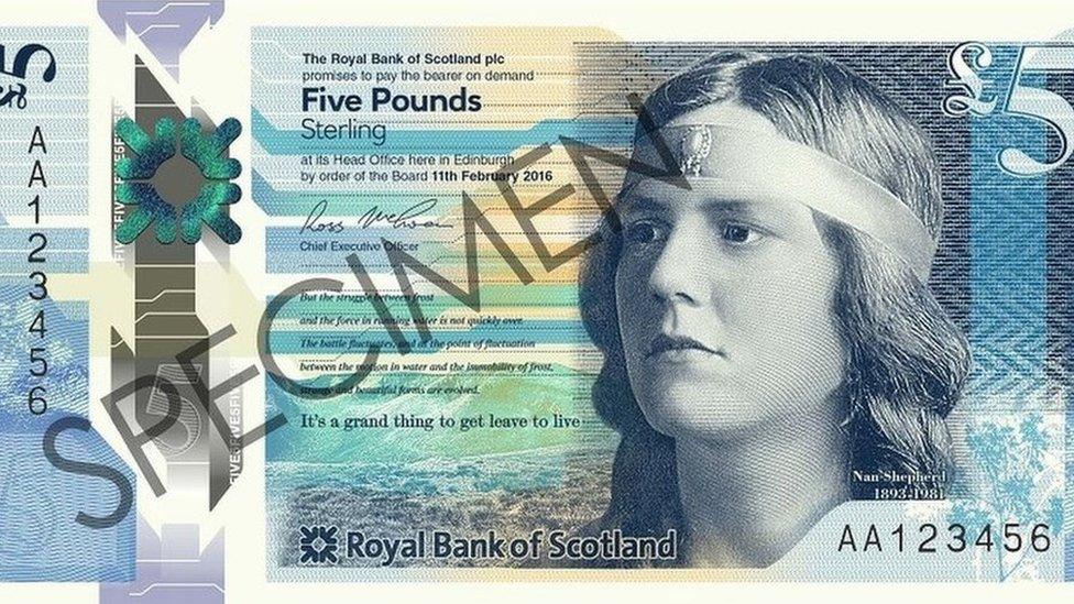 Specimen of new £5 note featuring Nan Shepherd