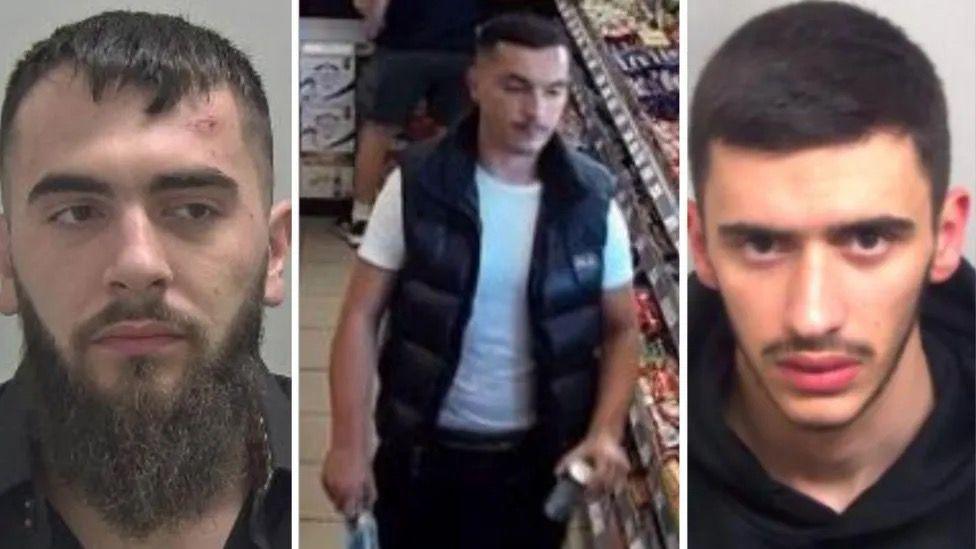 Kevin Vucini is wearing a black top and has a beard and brown hair. Brigen Carrica is walking in a shop wearing a white t-shirt and a black gillet. Rrezon Cengu is wearing a black hoodie and has brown hair.