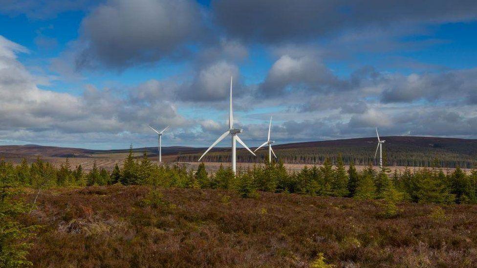 Wind turbines among trees, with hills and a cloudy blue sky