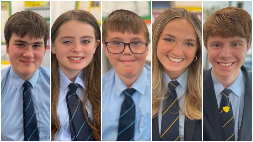 Pupils Albert, Faith, Tomos, Cadey and Alex in a classroom