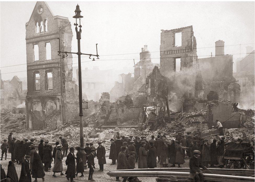 The ruins of Cork city in 1920 after the Black and Tans and Auxiliaries started fires in retaliation to IRA attacks