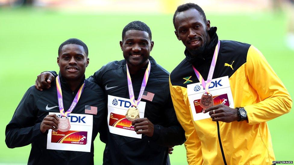 This is a photo of Christian Coleman, Justin Gatlin and Usain Bolt during their medal ceremony.