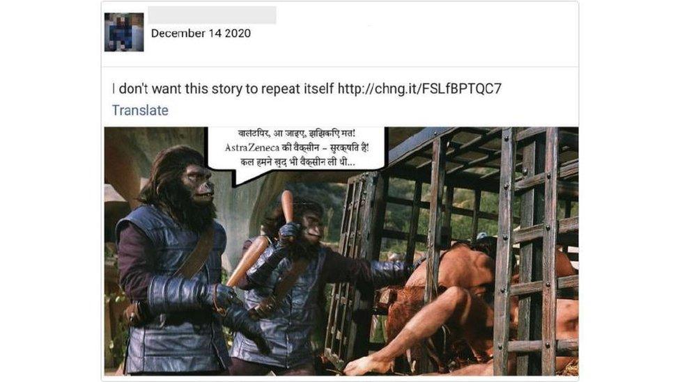 A Facebook post showing a picture from Planet of the Apes with a speech bubble in Hindi mentioning AstraZeneca