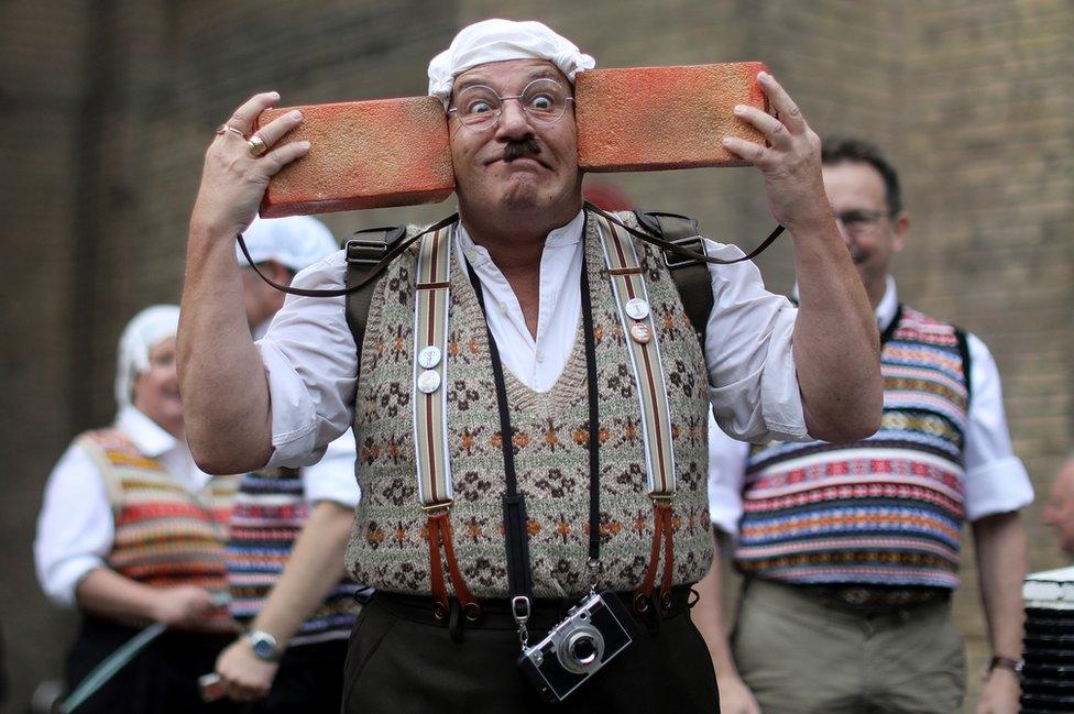 Monty Python fans dressed as the Gumbys gather in an attempt to set the world record for the largest gathering of people dressed as Gumbys as a part of the 50th anniversary of Monty Python"s Flying Circus at the Roundhouse in London, Britain 5 October 2019.