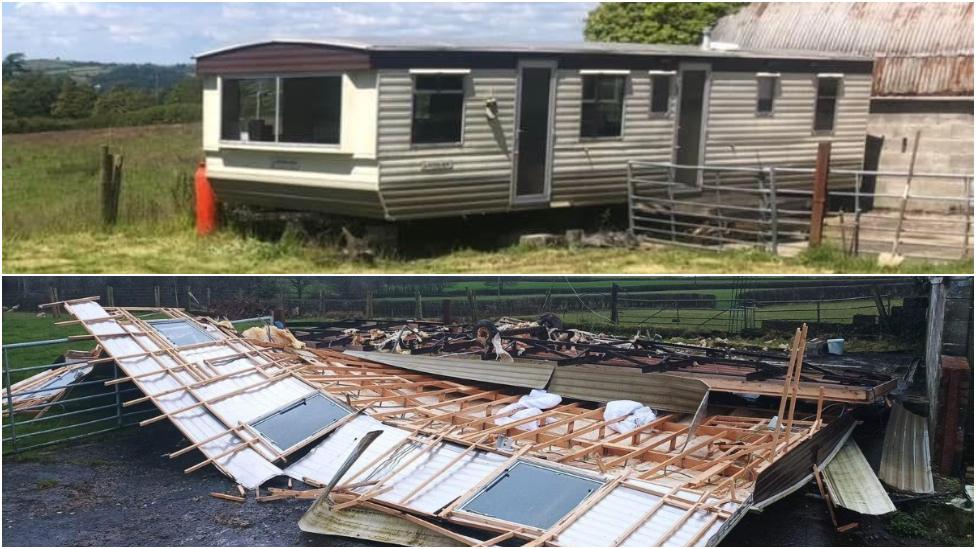 Before and after photos show a flattened caravan