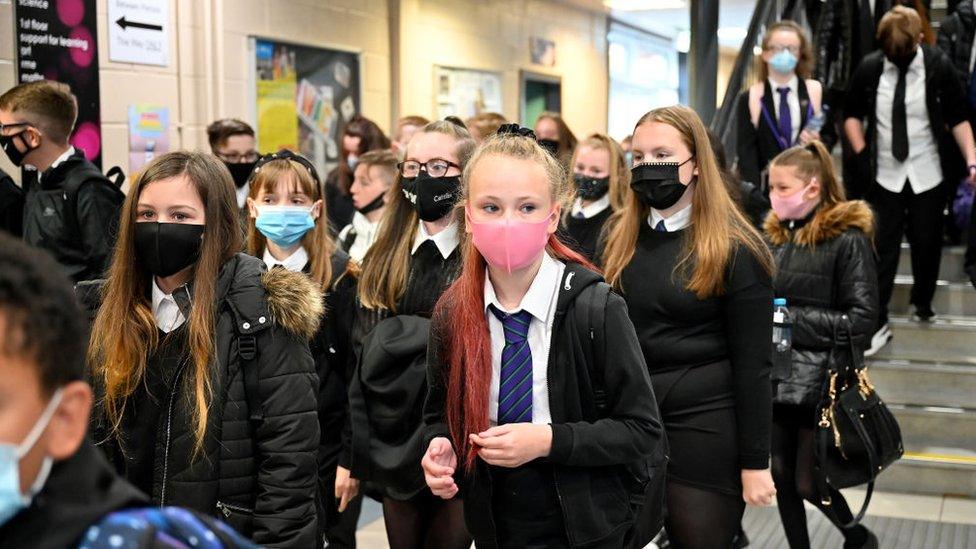 Pupil at Rosshall Academy wears a face coverings as it becomes mandatory in corridors and communal areas on August 31, 2020 in Glasgow, Scotland