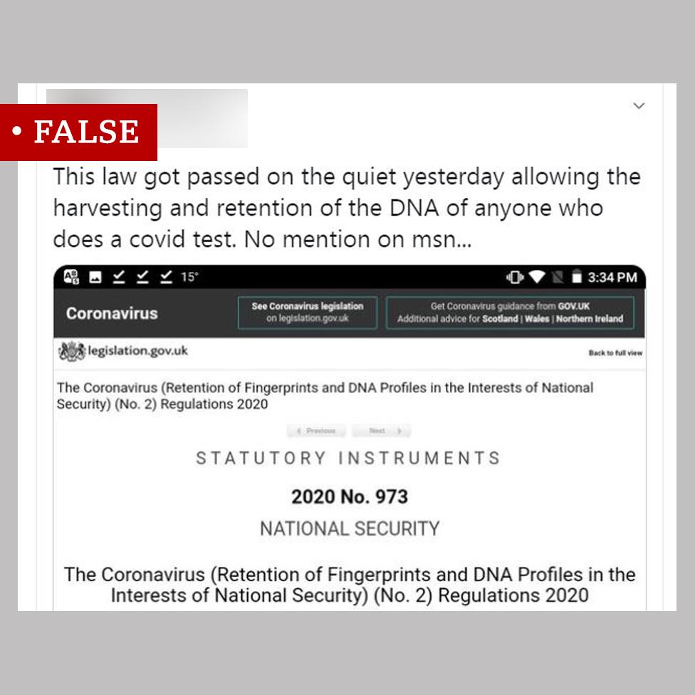 A Tweet labelled "False". It shows a screenshot of a Coronavirus Statutory Instrument with the words "This law got passed on the quiet yesterday allowing the harvesting and retention of the DNA of anyone who does a covid test. No mention on msn..."