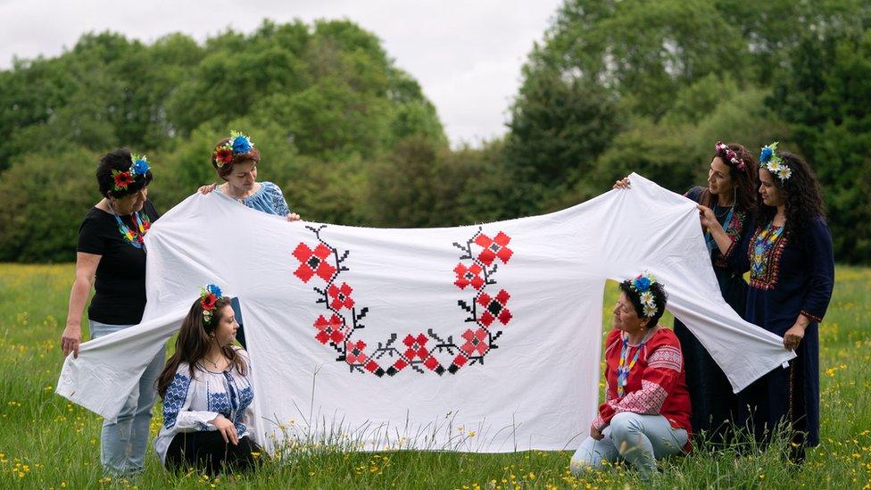 Ukrainian celebration of Vyshyvanka Day with a giant traditional shirt