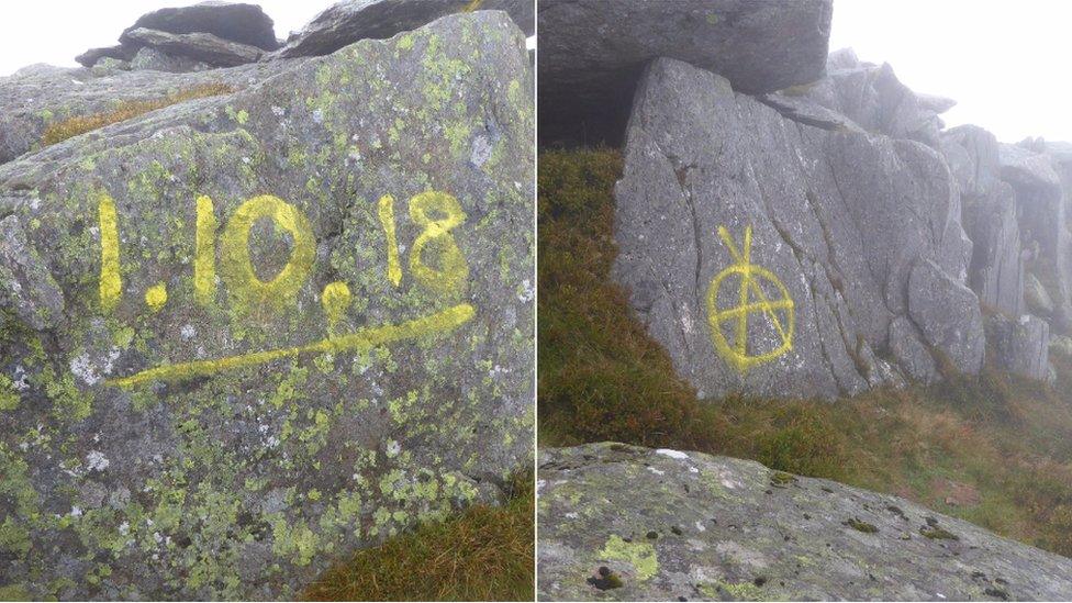 Date painted on rock on Tryfan, stating 1.10.18 and an anarchy symbol