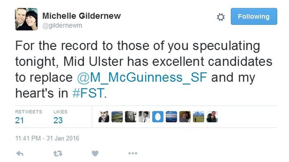 Michelle Gildernew tweets: "For the record to those of you speculating tonight, Mid Ulster has excellent candidates to replace @M_McGuinness_SF and my heart's in #FST."