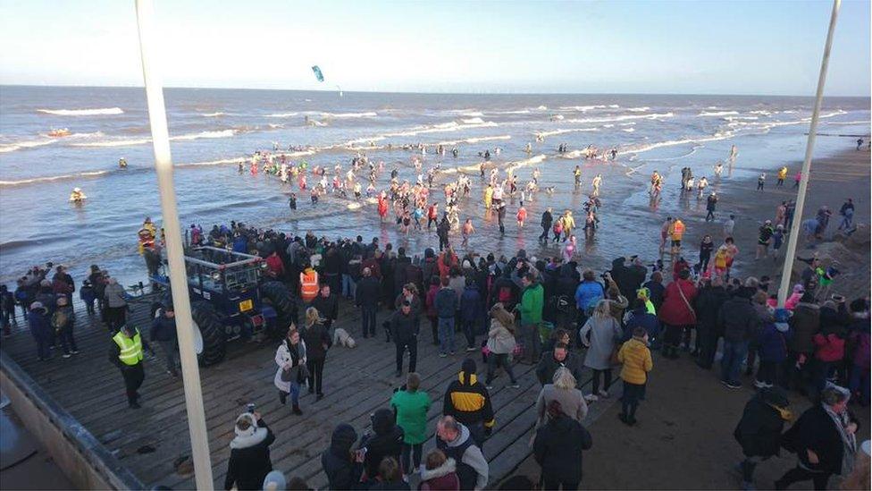 Swimmers at Rhyl on New Year's Eve