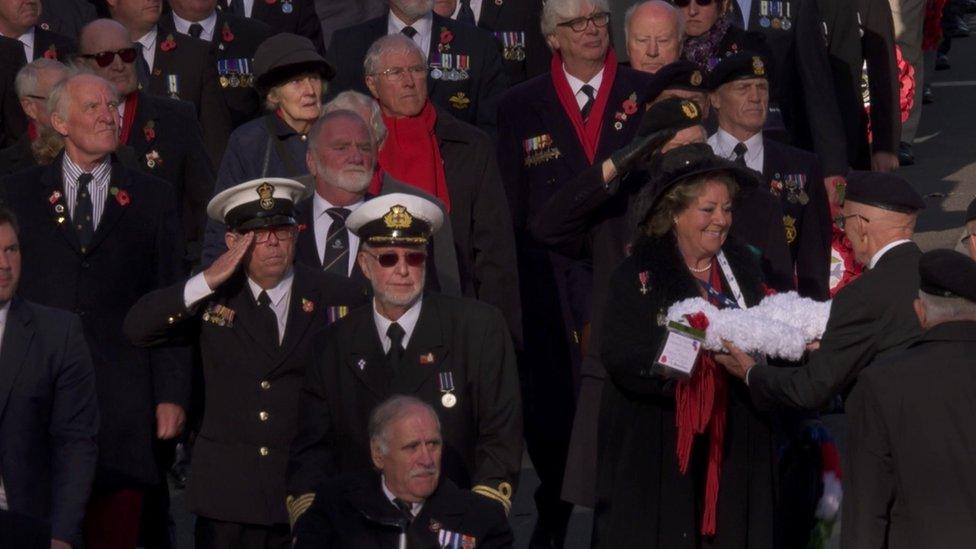 Merchant Navy Association led by Vivien Foster add their wreath to those placed around the Cenotaph