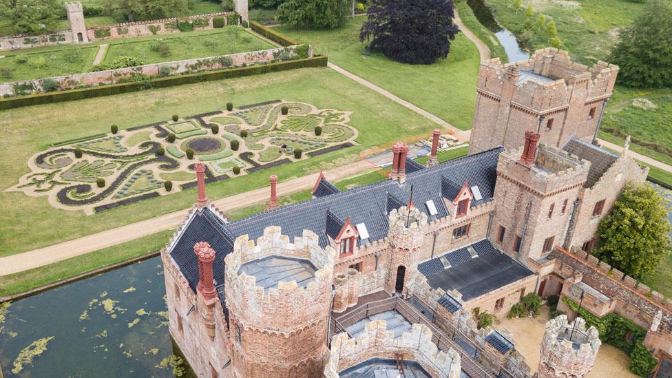 Aerial view of parterre and Oxburgh Hall