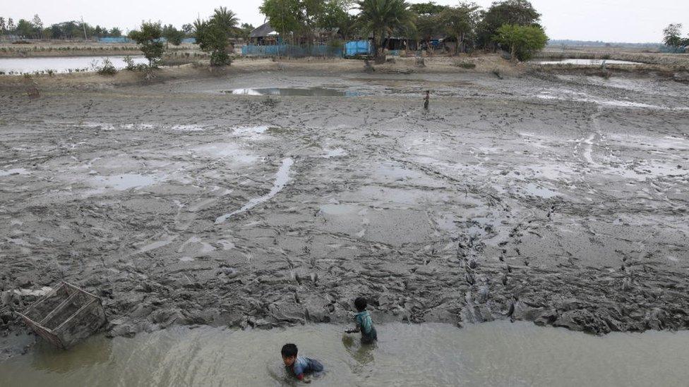 Children fishing in a lake in Satkhira