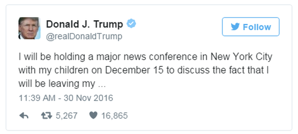 A tweet from Donald Trump reads: "I will be holding a major news conference in New York City with my children on December 15 to discuss the fact that I will be leaving my ..."