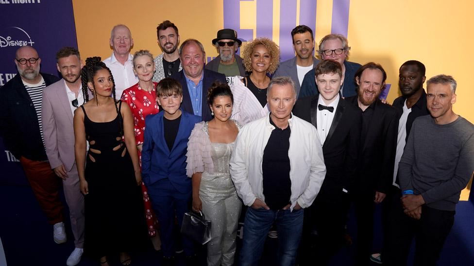 Actor Robert Carlyle (front) with other cast and crew at the Full Monty series premiere in Sheffield on 5 June