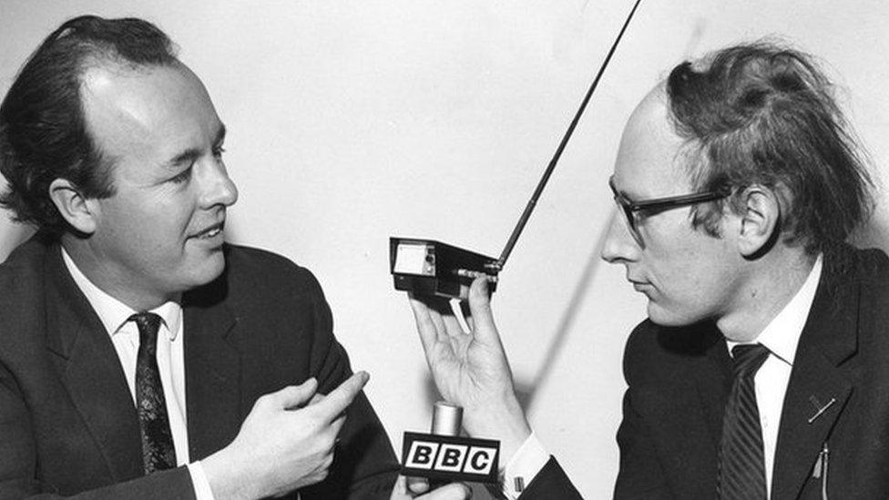 Sinclair demonstrating a miniature TV for the BBC