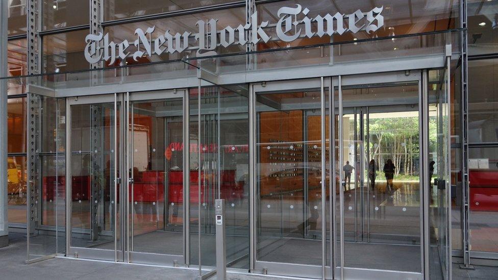 The west entrance of the New York Times building on Eighth Ave