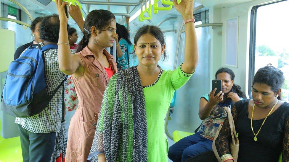 Transgender employees inside one of the new coaches of the Cochin metro