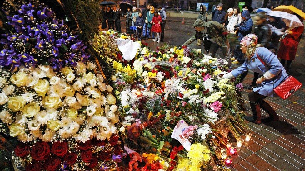 Flowers outside the French embassy in Kiev, Ukraine.