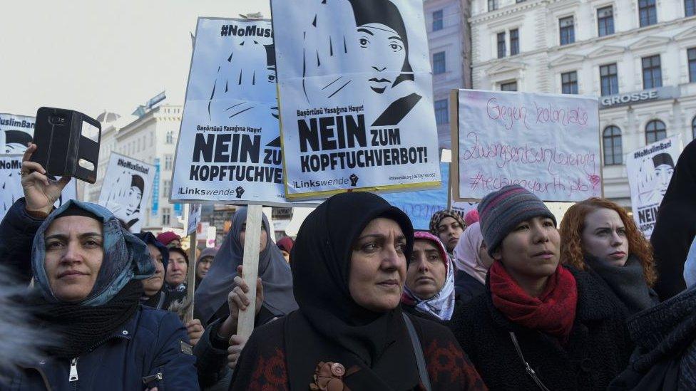 Muslims and Austrian citizens attend a protest against the women headscarves ban proposed by the government country's ruling coalition in Vienna, Austria on February 04, 2017