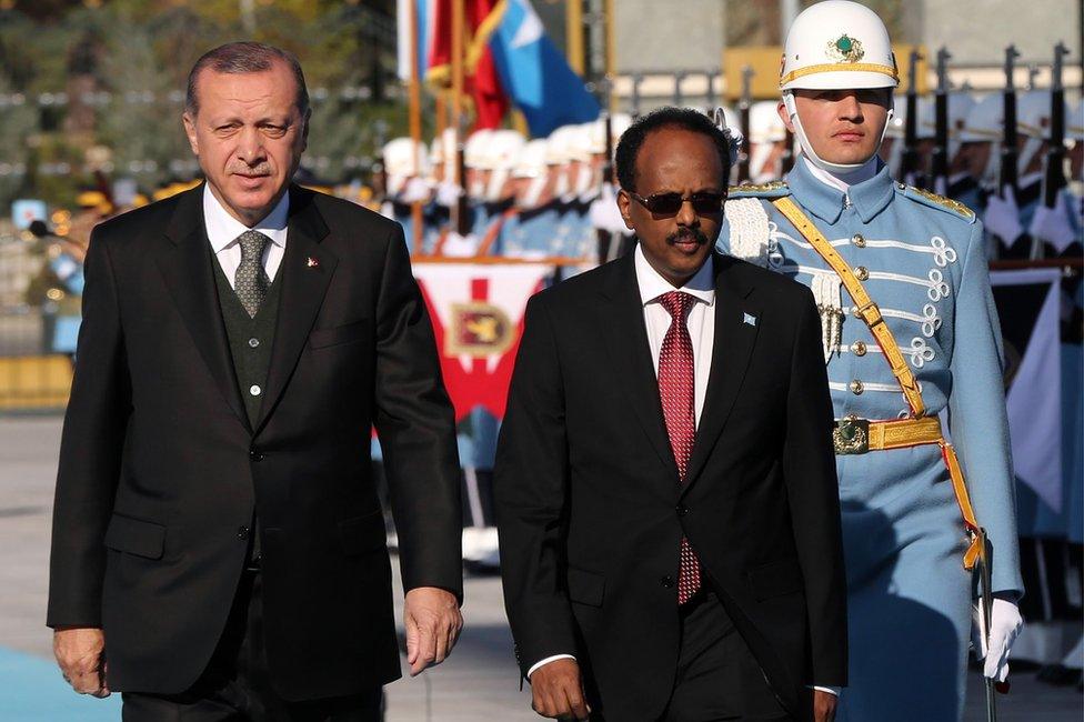 Turkish President Recep Tayyip Erdogan (L) accompanies Somalia's President Mohamed Abdullahi Mohamed past the honour guards
