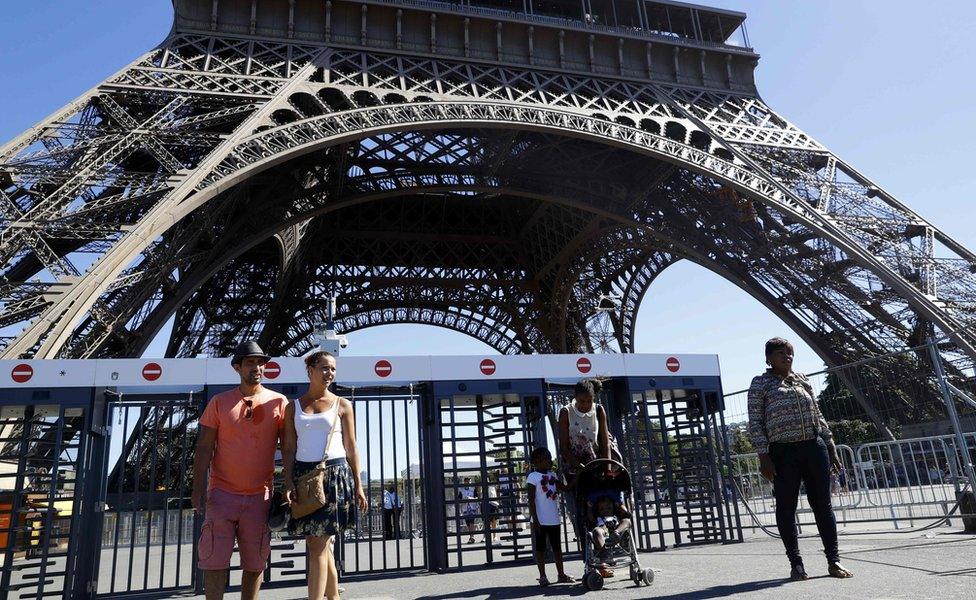 Security gates at the Eiffel Tower, Paris. 24 August 2016