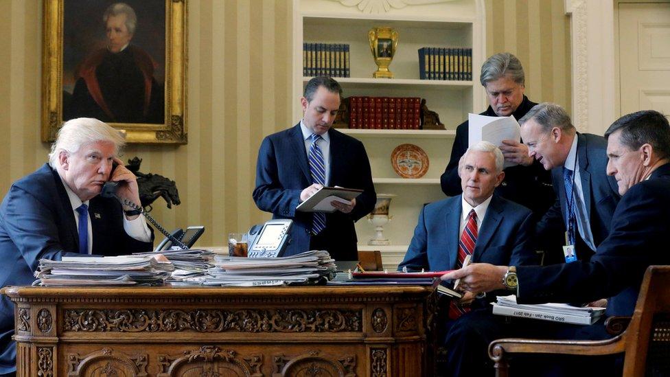 President Donald Trump held a meeting with Reince Priebus, Mike Pence, Steve Bannon, Sean SPicer and Michael Flynn