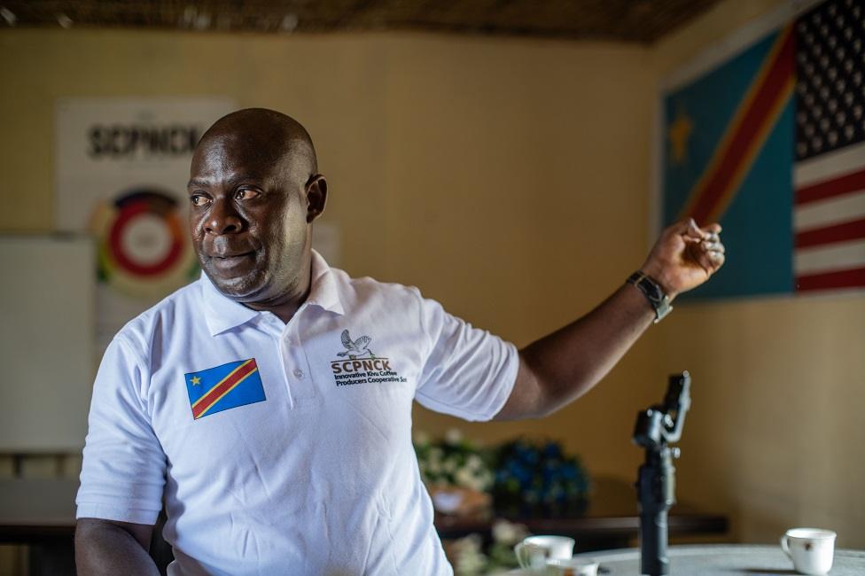 Gilbert Makelele in the SCPNCK meeting room where he welcomes visitors and buyers. Idjwi, 14 April 2022.