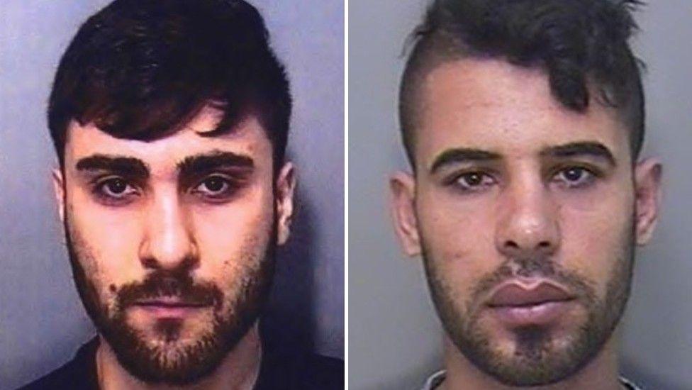 Two mugshots. Saif Kahya is on the left and has dark hair and a beard and Abalzaq Salih is on the right and has shorter dark hair and stubble.